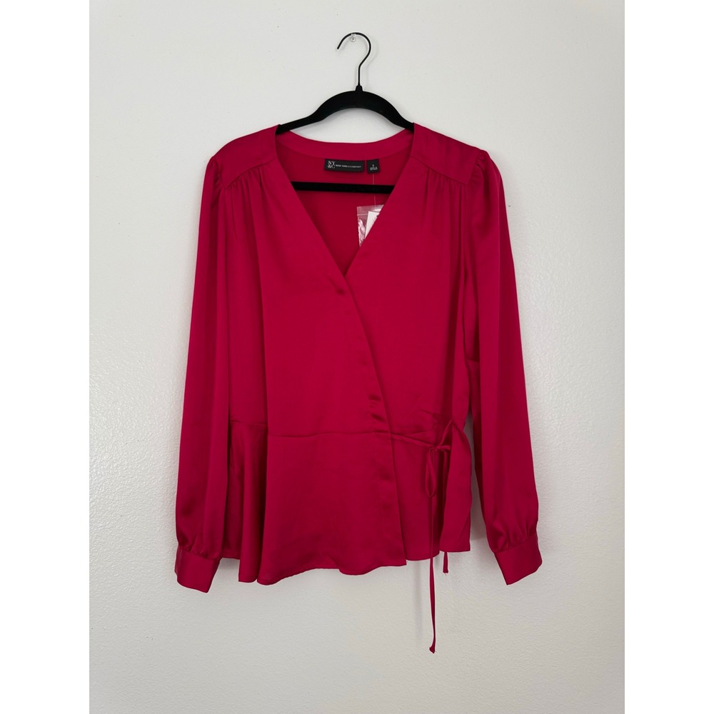 New York & Company Cranberry Satin Wrap Blouse Long Sleeve V-Neck Top Small